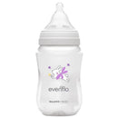 9 oz Evenflo Feeding Balance + Wide bottle featuring a cartoon bunny and purple accents, designed for comfortable feeding.