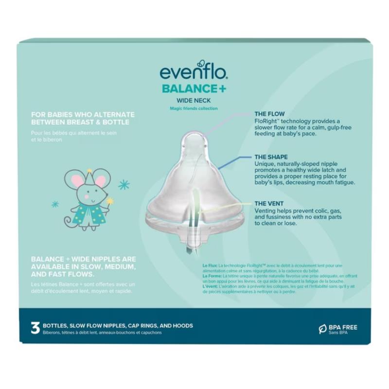 Evenflo Feeding 3Pk Balance + Wide Bottles, 9 Oz, features wide neck bottles with slow flow nipples and BPA-free materials.
