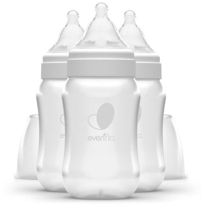 Three Evenflo Feeding 9 oz wide bottles with clear design and soft nipples, featuring the Evenflo logo.