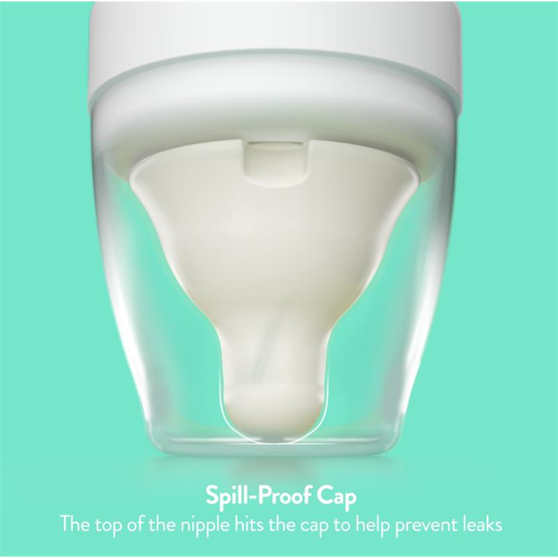 Spill-proof cap design of Evenflo Feeding Balance + Wide Bottle, showing the nipple and description of leak prevention feature.