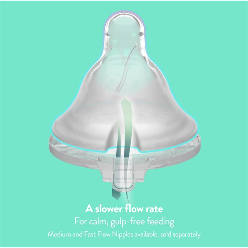 Transparent baby bottle nipple with a slow flow rate design, ideal for calm, gulp-free feeding.