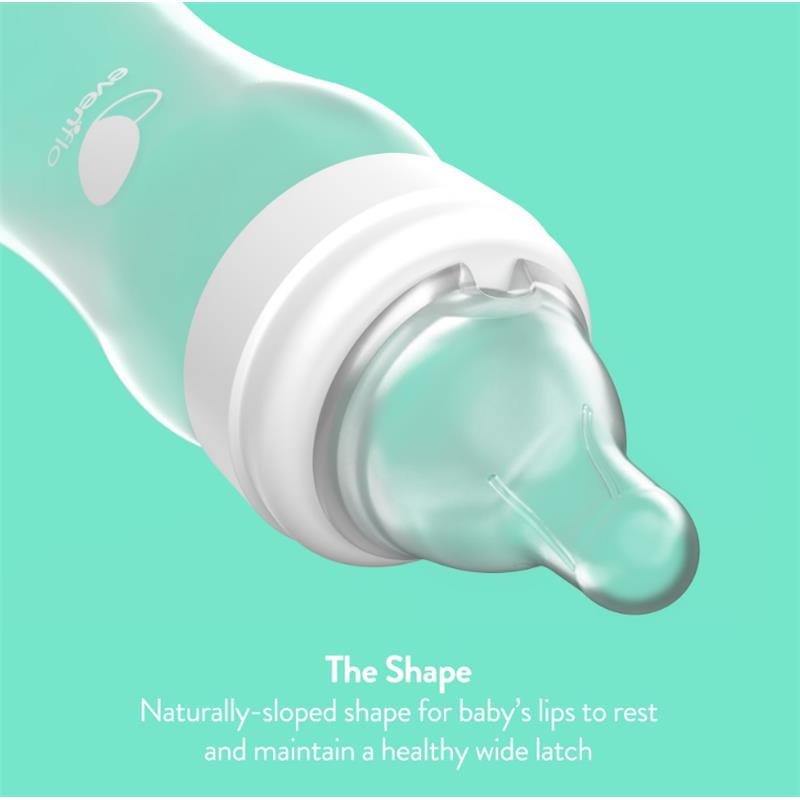 Evenflo Feeding 3Pk Balance + Wide Bottles, 9 oz, highlighting the naturally-sloped nipple design for proper latching.