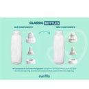 Evenflo Feeding 3Pk Classic Clear Plastic Bottles, 8 oz, with old and new interchangeable components displayed.