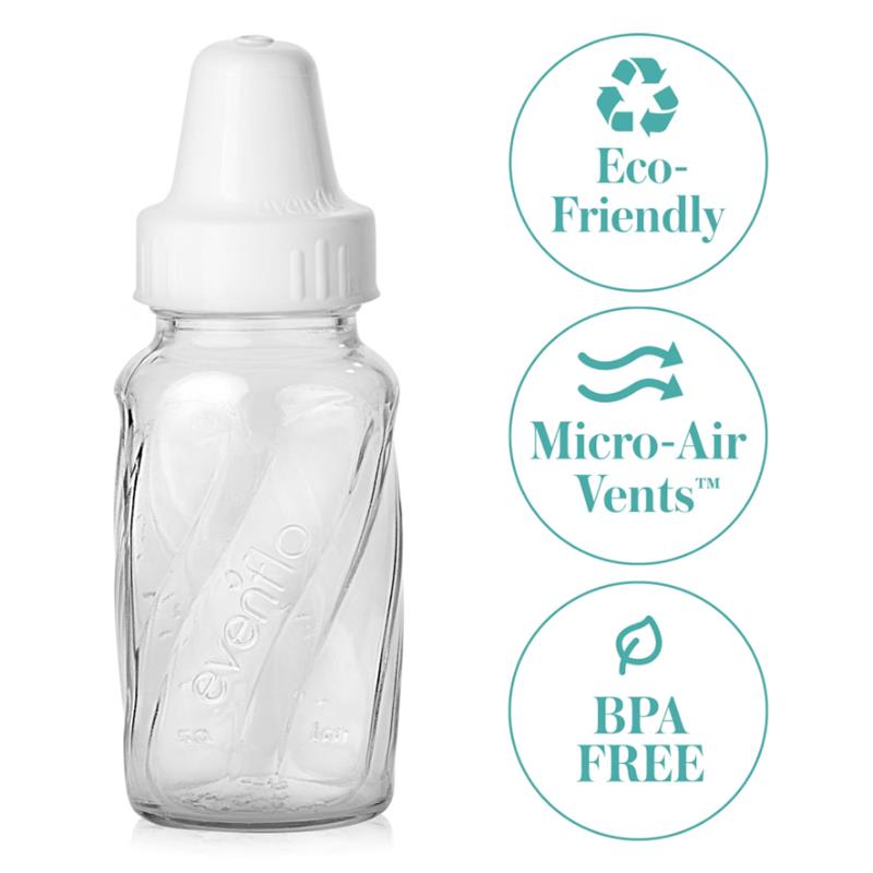 Classic 4 oz glass baby bottle with a white cap, featuring text highlighting eco-friendly, Micro-Air Vents™, and BPA-free attributes.