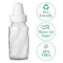 Classic 4 oz glass baby bottle with a white cap, featuring text highlighting eco-friendly, Micro-Air Vents™, and BPA-free attributes.