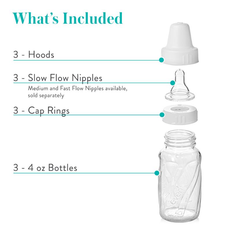 Evenflo Feeding 3Pk Classic Glass Bottles includes three 4 oz bottles, hoods, slow flow nipples, and cap rings.