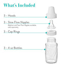 Evenflo Feeding 3Pk Classic Glass Bottles includes three 4 oz bottles, hoods, slow flow nipples, and cap rings.