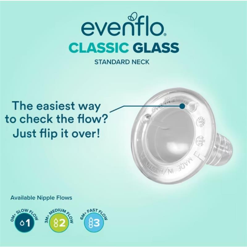 Evenflo Classic Glass bottle nipple with standard neck; features flow check instructions and available flow rates: slow, medium, fast.