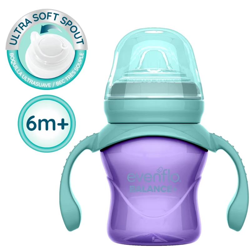 Evenflo Feeding 5 oz Balance Sippy Cups, 2-pack in pink and purple, suitable for babies 6 months and older, featuring ultra-soft spouts.