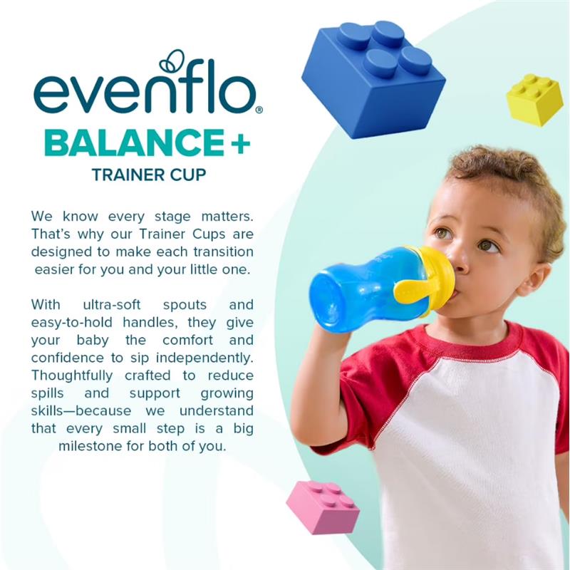 Evenflo Feeding 5 oz Balance Sippy Cups in pink and purple, designed for babies 6 months and older, with a child sipping from one.