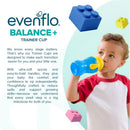 Evenflo Feeding 5 oz Balance Sippy Cups in pink and purple, designed for babies 6 months and older, with a child sipping from one.