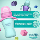 Evenflo Feeding 5 oz balance sippy cups in pink and purple, designed for babies 6 months and older, featuring ergonomic handles.