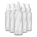 Six Evenflo Feeding classic glass bottles, 8 oz, with white caps and markings for measurement.