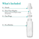Includes 6 Evenflo 8 oz glass bottles, hoods, slow flow nipples, and cap rings with product details listed.