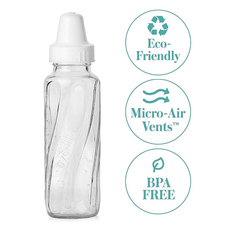 Classic 8 oz Evenflo glass baby bottle features a curved design, white cap, and labels indicating eco-friendliness, Micro-Air Vents™, and BPA-free.