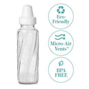 Classic 8 oz Evenflo glass baby bottle features a curved design, white cap, and labels indicating eco-friendliness, Micro-Air Vents™, and BPA-free.