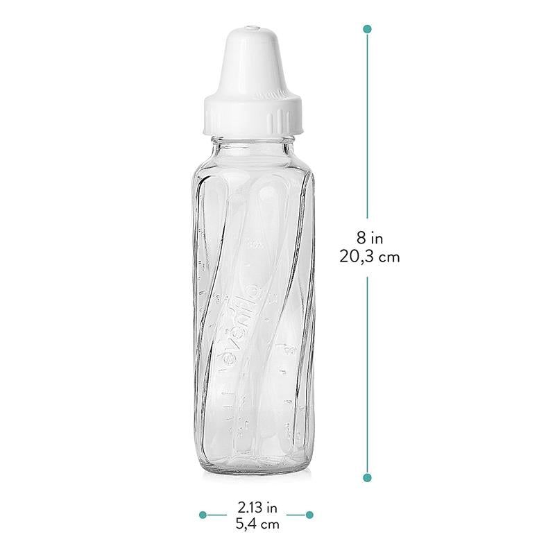 Evenflo Feeding Classic Glass Bottle, 8 oz, clear with white cap, featuring a wavy design and measurement marks.
