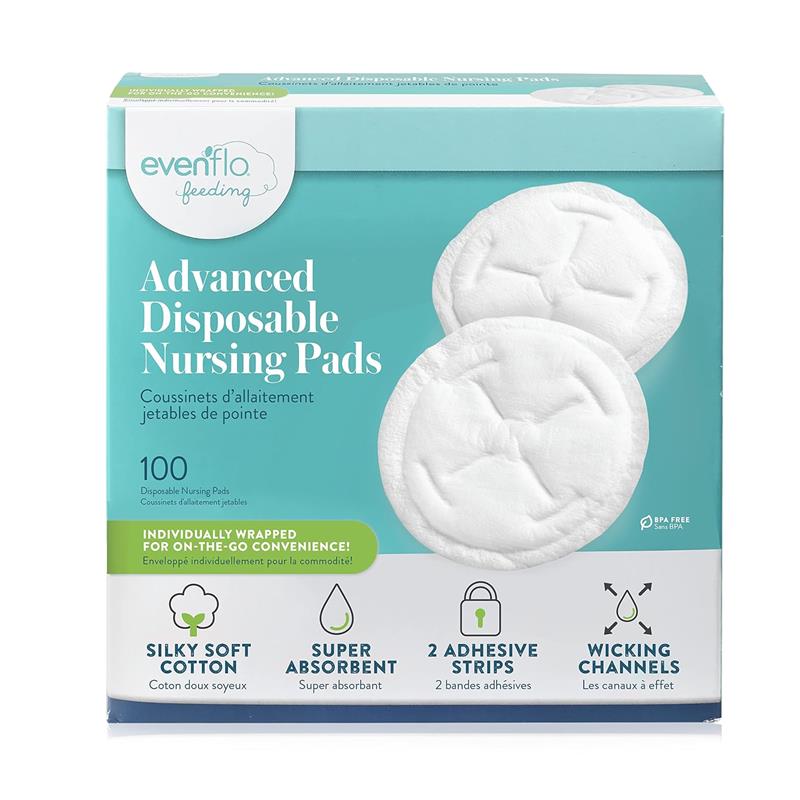 Evenflo Feeding Advanced Disposable Nursing Pads, 100 count, featuring silky soft cotton and super absorbent design.