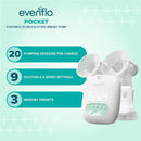 Portable double electric breast pump displaying controls, specifications for pumping sessions, suction settings, and memory presets.