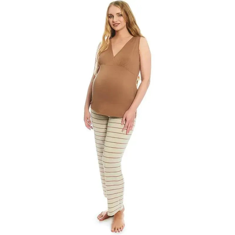 Maternity and nursing pajama pant set in mocha stripe, featuring a brown top and striped pants, modeled by a pregnant woman.