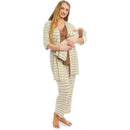 Maternity and nursing pajama pant set in mocha stripe design worn by a woman holding a baby.