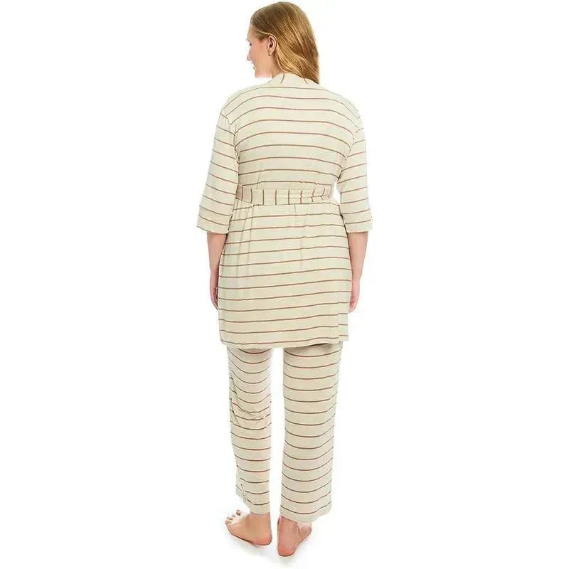Maternity and nursing pajama set in mocha stripe, featuring a belted top and matching pants, shown from the back.