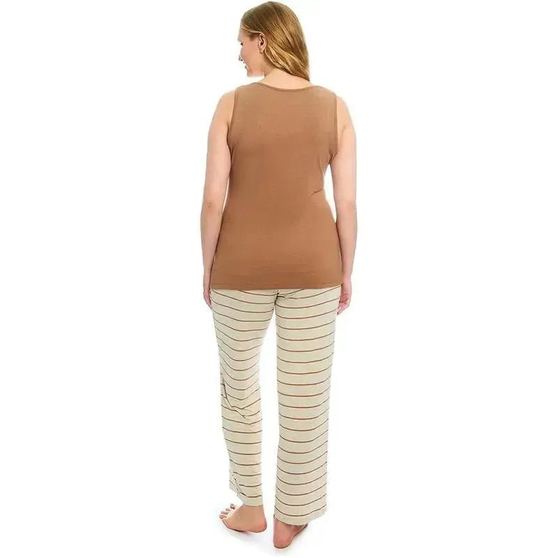 Maternity and nursing PJ pant set in mocha stripe, featuring a brown sleeveless top and striped pants, designed for comfort.