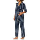 Maternity and nursing pajama pant set in navy stripe, featuring a wrap top and loose-fitting pants, designed for comfort.