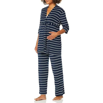 Maternity and nursing pajama pant set in navy stripe, featuring a wrap top and loose-fitting pants, designed for comfort.
