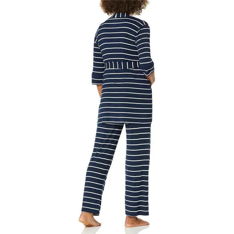 Navy striped maternity and nursing pajama pant set for mom and baby, featuring a belted top and matching pants.