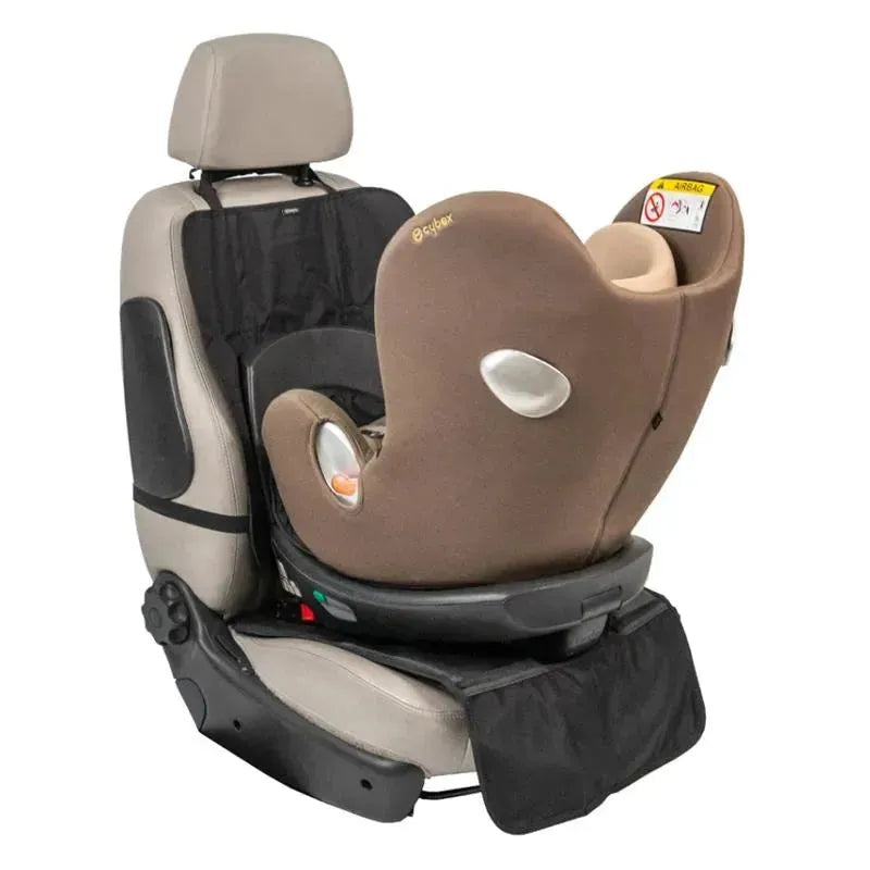 Ezi Seat Protector Premium under a child car seat, featuring a black protective cover for car upholstery.