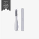 Ezpz Baby-Led Toothbrush and Sensory Tongue Depressor Dual Pack in pewter, featuring textured brushing surface and smooth depressor.