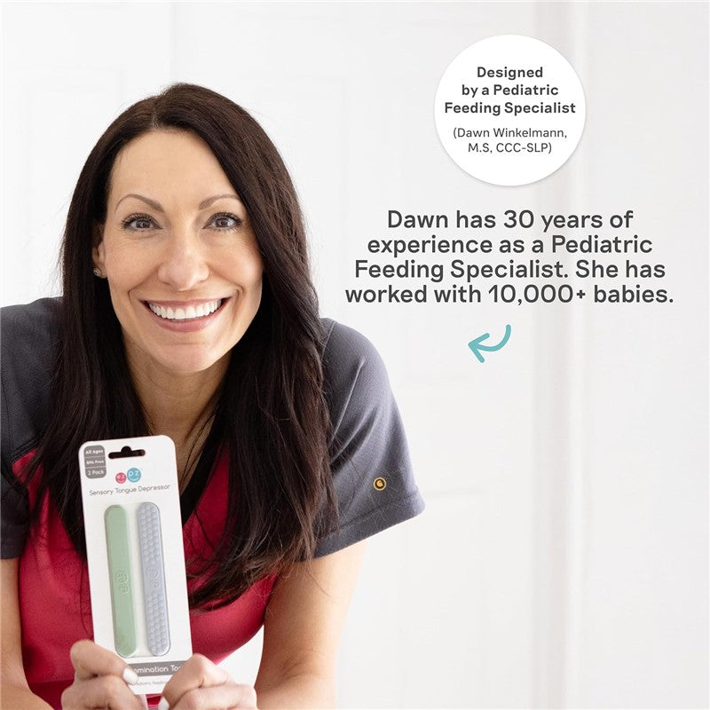 Dawn Winkelmann, a Pediatric Feeding Specialist, smiles while holding Ezpz Mini Utensils in sage, emphasizing their design for babies.