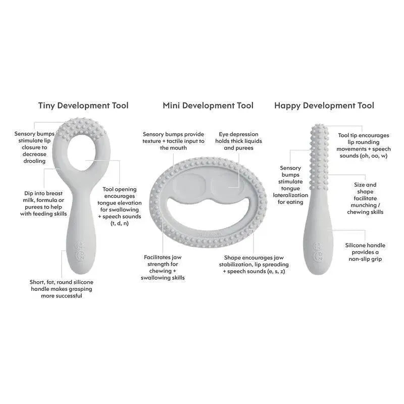Three silicone oral development tools: Tiny, Mini, and Happy, each with sensory features for feeding and speech skills.