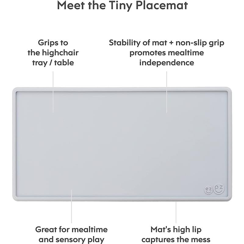 Tiny placemat in pewter color, designed for highchairs with a non-slip grip and high lip to contain mess.