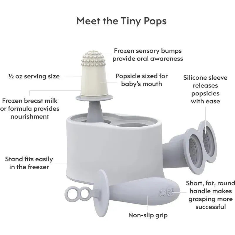 Tiny Popsicle mold set designed for babies, featuring silicone sleeves, easy grip wands, and a freezer-friendly stand.