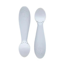 Tiny Spoon Twin-Pack in pewter color, featuring two soft, curved spoons designed for easy feeding.