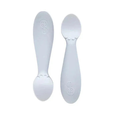 Tiny Spoon Twin-Pack in pewter color, featuring two soft, curved spoons designed for easy feeding.