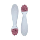 Ezpz Tiny Spoon Twin-Pack in pewter color, featuring two spoons with pink food on the tips.