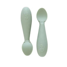 Tiny Spoon Twin-Pack in sage color, featuring two soft, child-friendly spoons designed for easy grip and feeding.