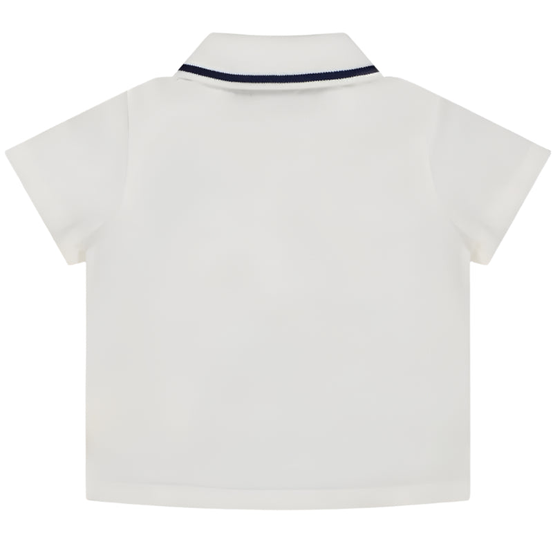 White short sleeve polo tee for baby boys featuring a navy striped collar and logo embroidery on the front.