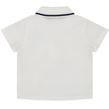 White short sleeve polo tee for baby boys featuring a navy striped collar and logo embroidery on the front.