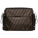 Fendi Baby FF Allover Diaper Bag in brown monogram with zippered compartments and logo detailing.
