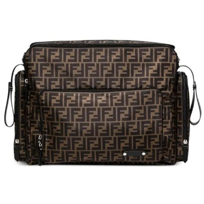 Fendi Baby FF Allover Diaper Bag in brown monogram with zippered compartments and logo detailing.