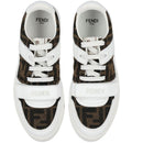 Lace-up Velcro Fendi Baby sneakers with white leather accents and brown FF logo-patterned fabric.