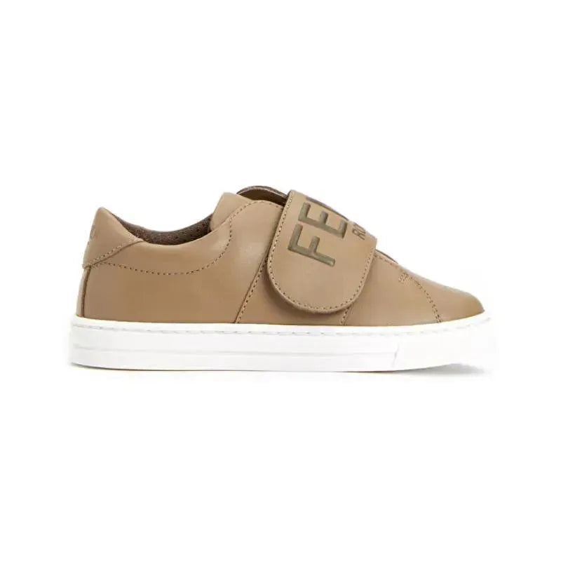 Fendi Baby leather logo trainers for juniors in beige with a velcro strap and contrasting logo detail.