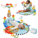 Fisher-Price 3-in-1 Kick & Sway Activity Gym featuring a colorful mat, a bear character toy, and two babies engaging with the activity.