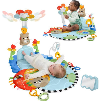 Fisher-Price 3-in-1 Kick & Sway Activity Gym featuring a colorful mat, a bear character toy, and two babies engaging with the activity.