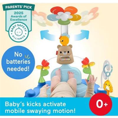 Fisher-Price 3-in-1 Kick & Sway Activity Gym with colorful mobile, bear character, and a baby activating motion by kicking.