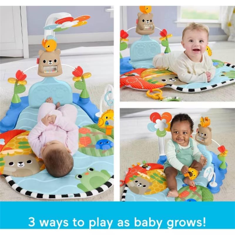 Fisher-Price 3-in-1 Kick & Sway Activity Gym with colorful play mat, removable toys, and babies engaging in different play positions.